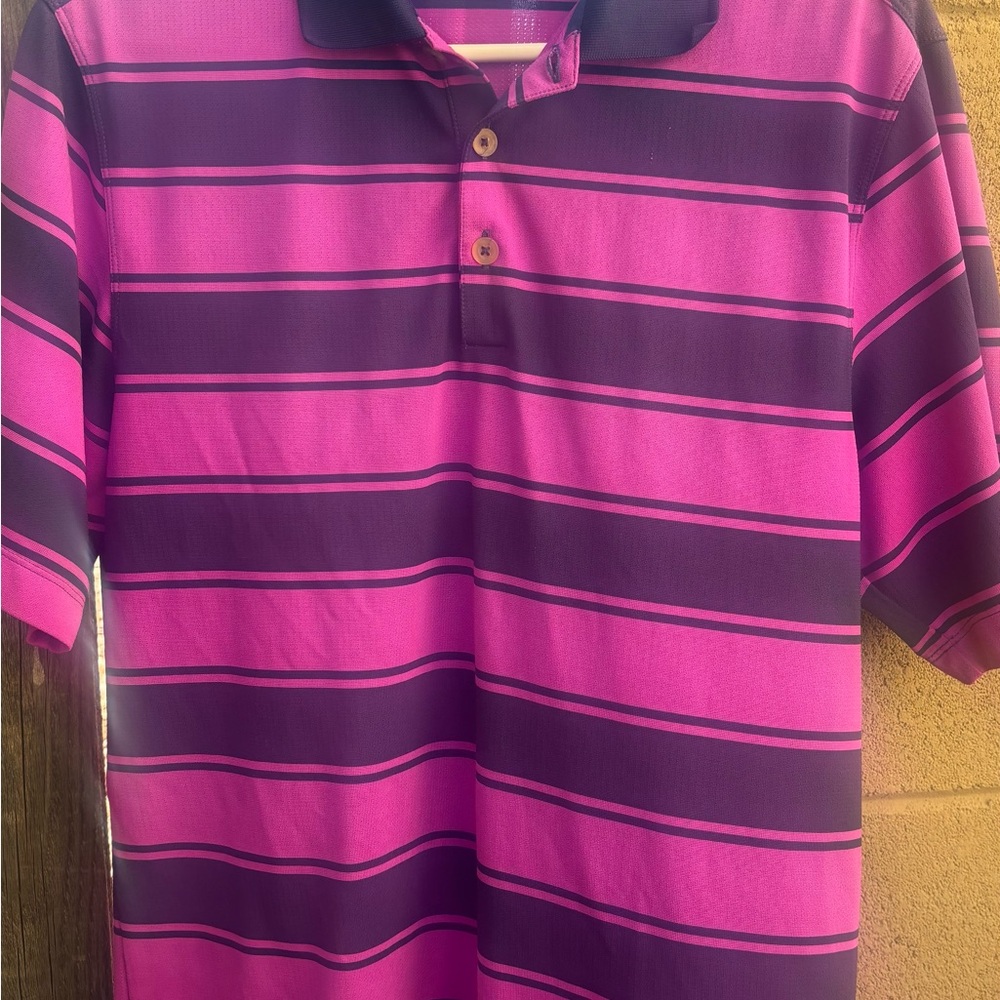 Nike Men's Purple and Pink Striped Golf Shirt